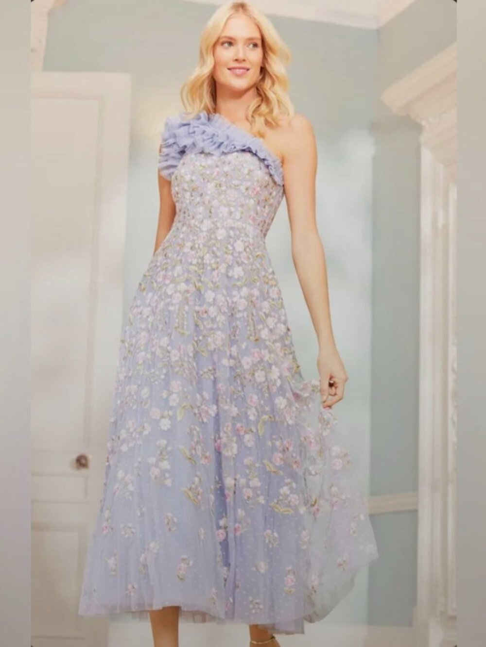 Needle and Thread Posy Pirouette One-Shoulder Ankle Gown Blue Size  US 6